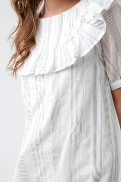 womens white and gray ruffle yoke cuffed sleeve modest dress
